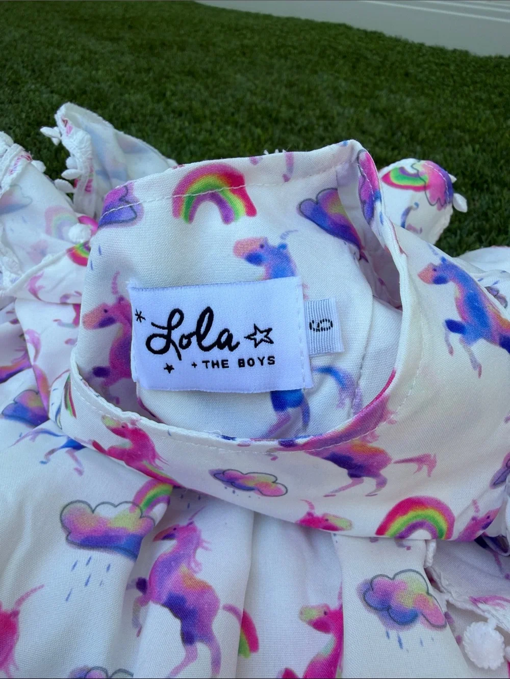 Lola + The Boys White Unicorn & Rainbow Print Dress